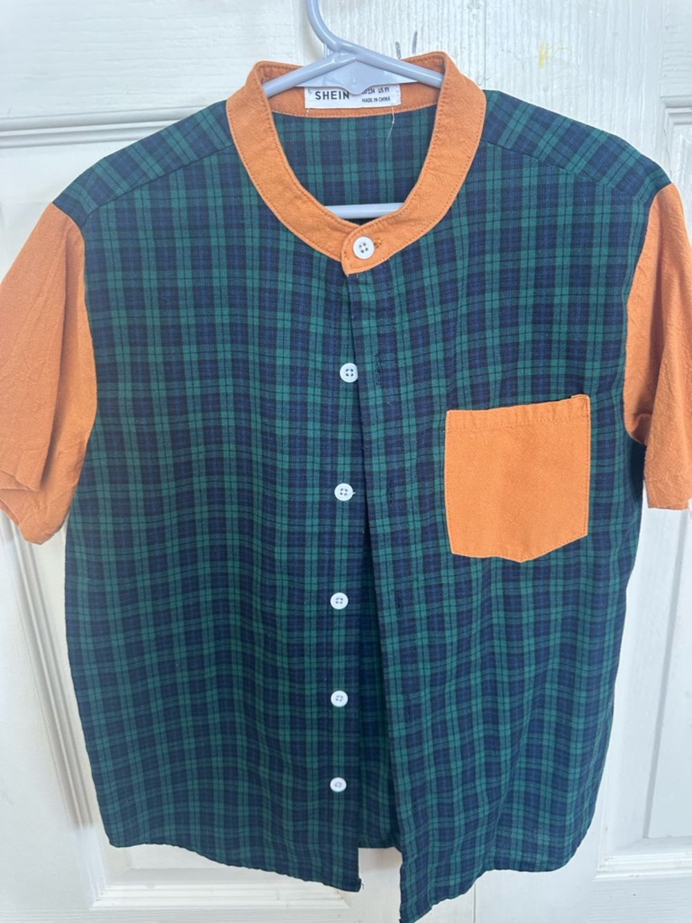 SHEIN Green Plaid Button-Front Top with Orange Trim